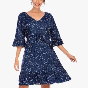 NWT Blue and White Polka Dot Ruffle Dress Women Size Small